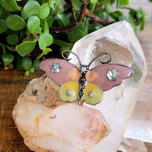 Vintage Enamel Butterfly Brooch Hand Crafted Pink Yellow Aurora Borealis Eye 2"